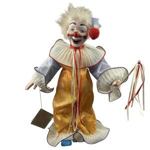 1989 Porcelain Clown Ribbon Wand Heritage Mint 16" Happiness & Love VTG w/ Stand